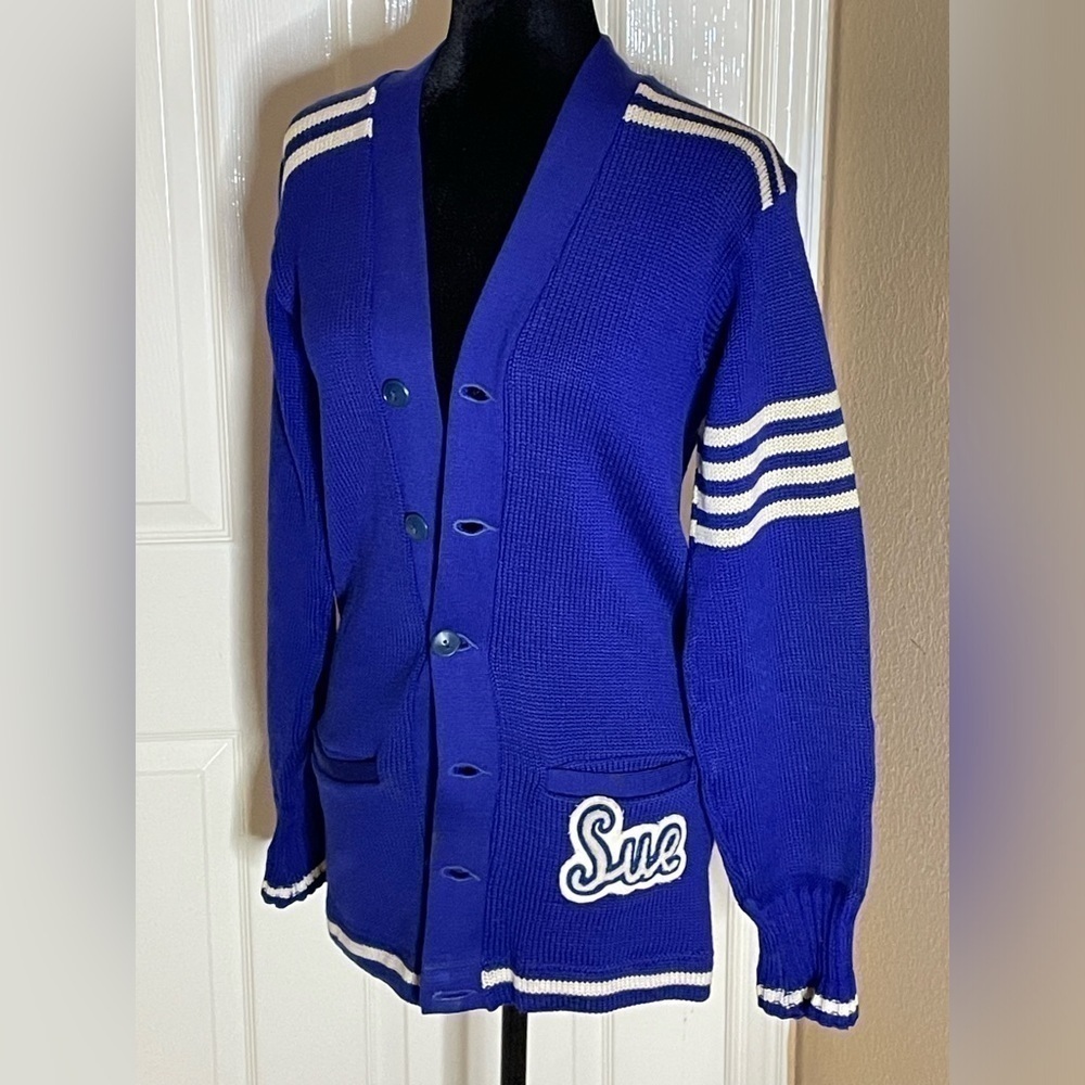 VTG 60's Varsity Blue/White Virgin Wool Cardigan By Sam Santa co. Sz Med‌‌‌‌‌